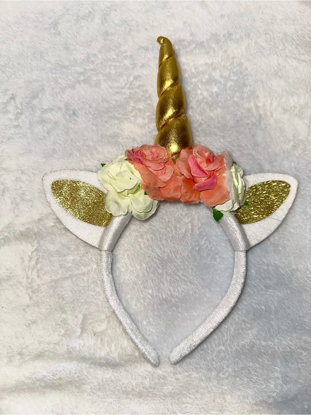 Unicorn Floral Headband Gold Horn Glitter Ears
